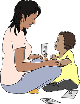 Illustration. Mamma och barn sitter på golvet mitt emot varandra. Barnet visar kort med bild för mamman. På golvet ligger två andra bildkort.