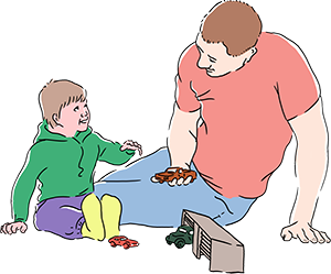 Illustration. Vuxen och barn sitter på golvet mitt emot varandra. De leker med leksaksbilar och garage. Den vuxne håller upp röd bil och visar för barnet.