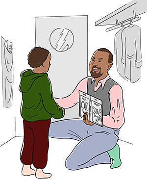 Illustration: Man sittande på huk framför barn. Visar bildkarta med två olika bilder (val) för barnet.